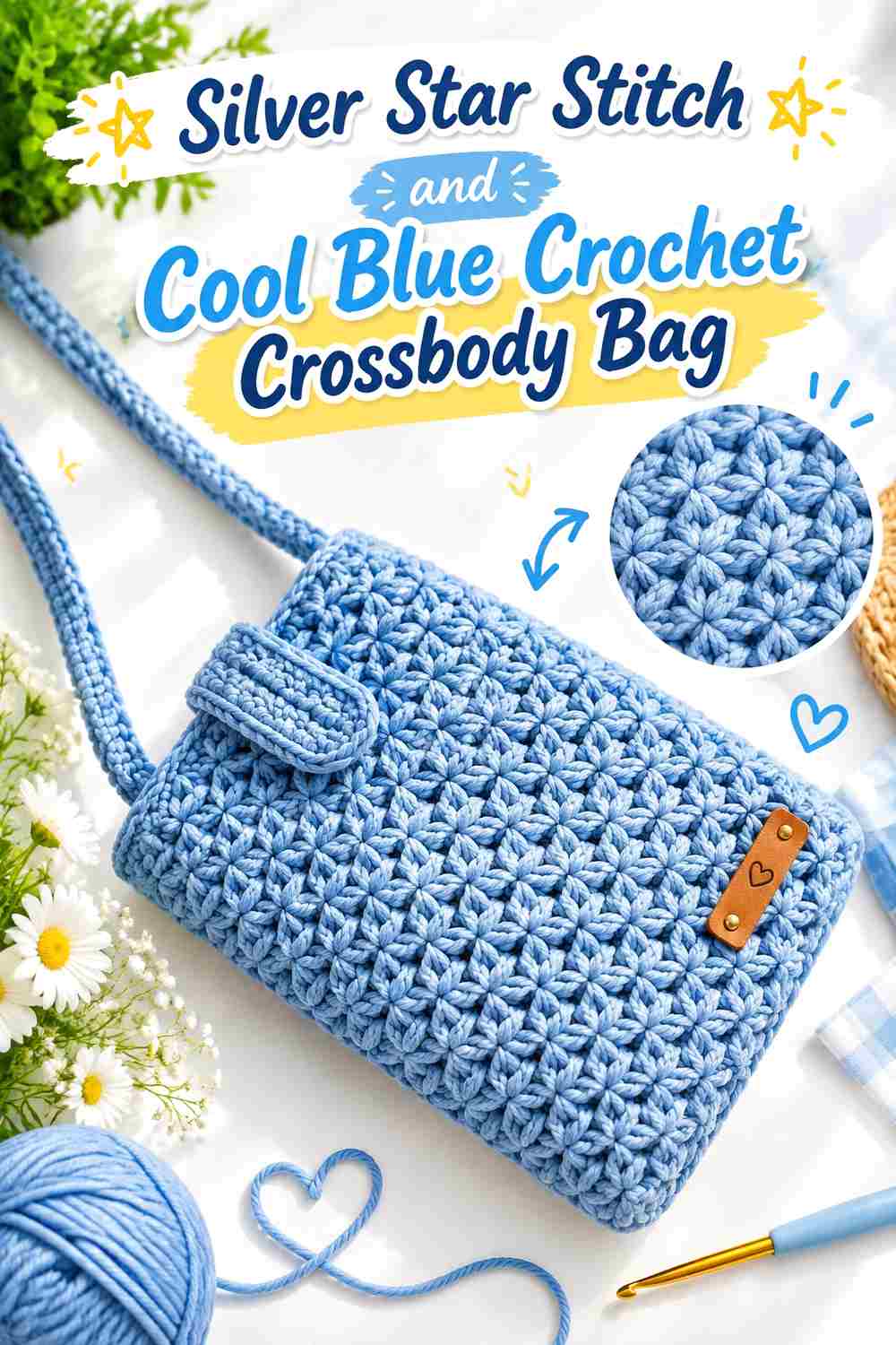 5. Silver Star Stitch And Cool Blue Crochet Crossbody Bag