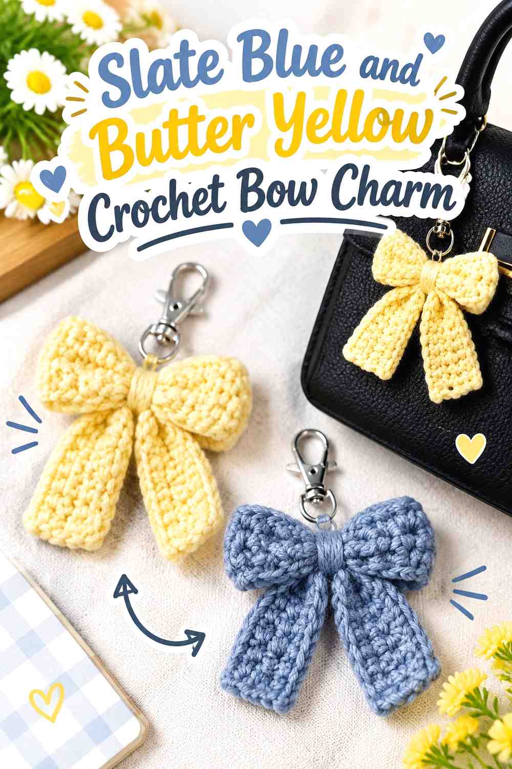 6. Slate Blue And Butter Yellow Crochet Bow Charm