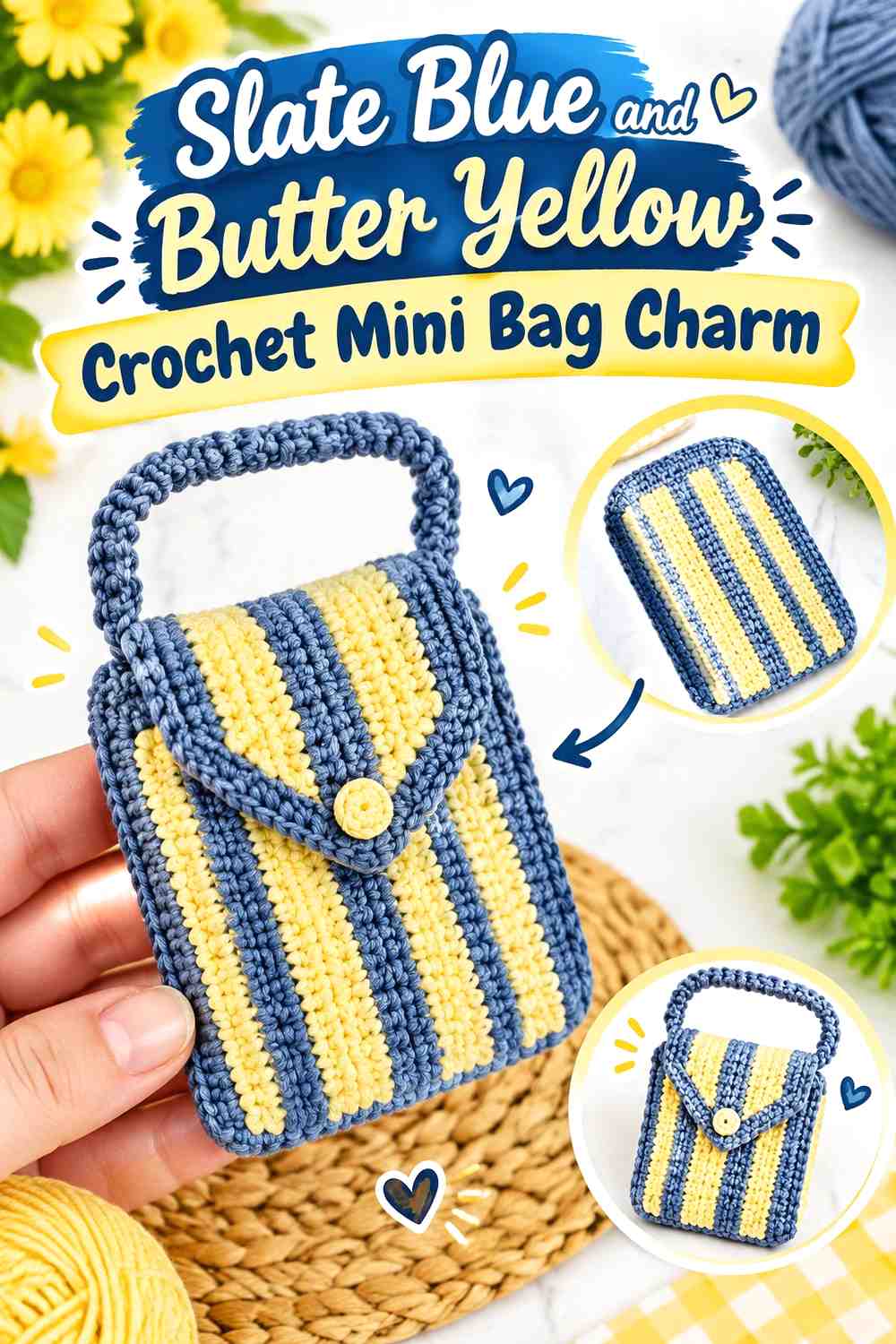 7. Slate Blue And Butter Yellow Crochet Mini Bag Charm