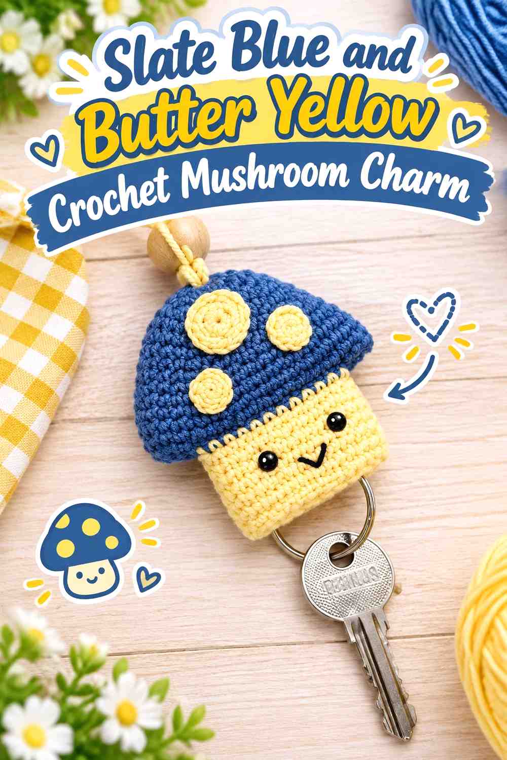 3. Slate Blue And Butter Yellow Crochet Mushroom Charm