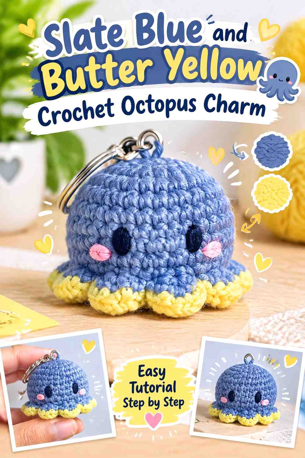 9. Slate Blue And Butter Yellow Crochet Octopus Charm