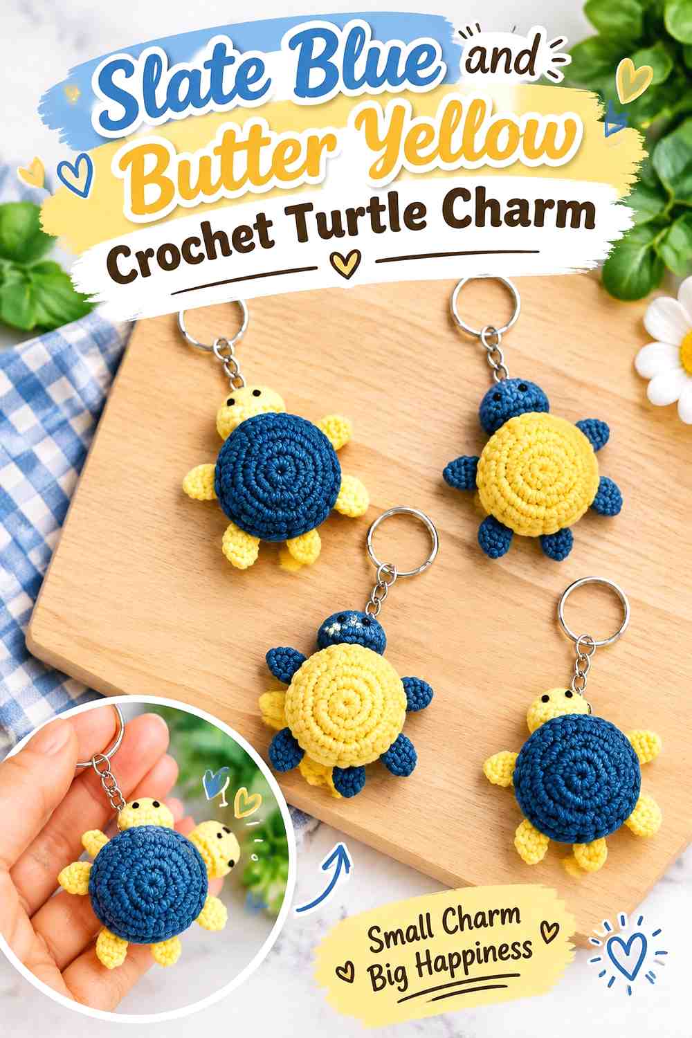 8. Slate Blue And Butter Yellow Crochet Turtle Charm