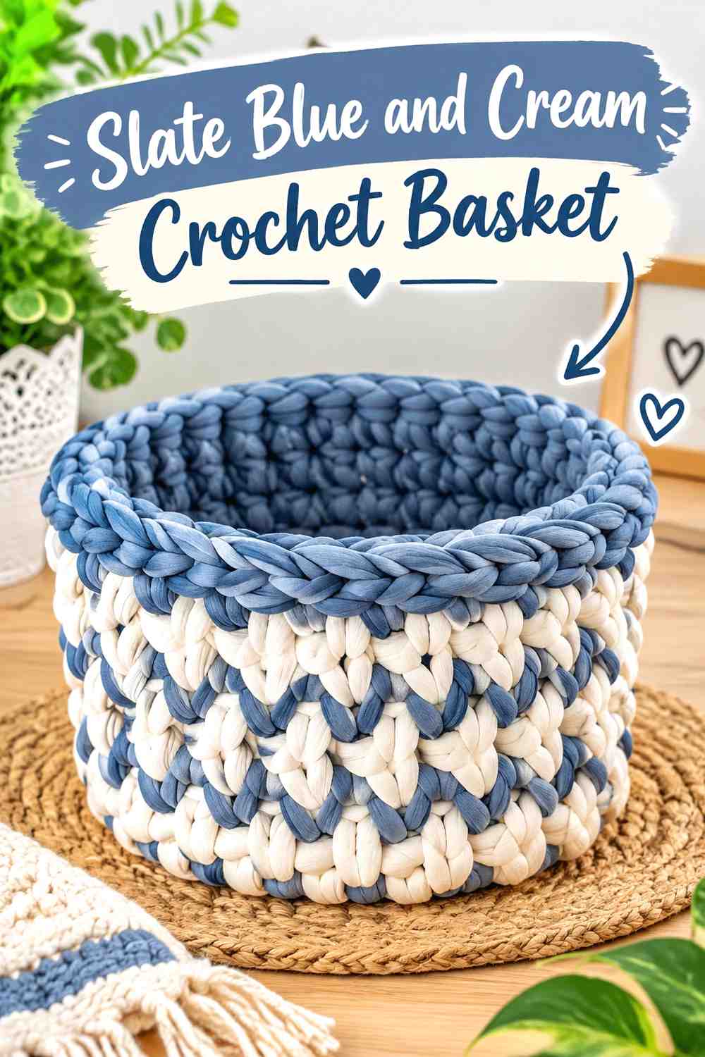 9. Slate Blue And Cream Crochet Basket
