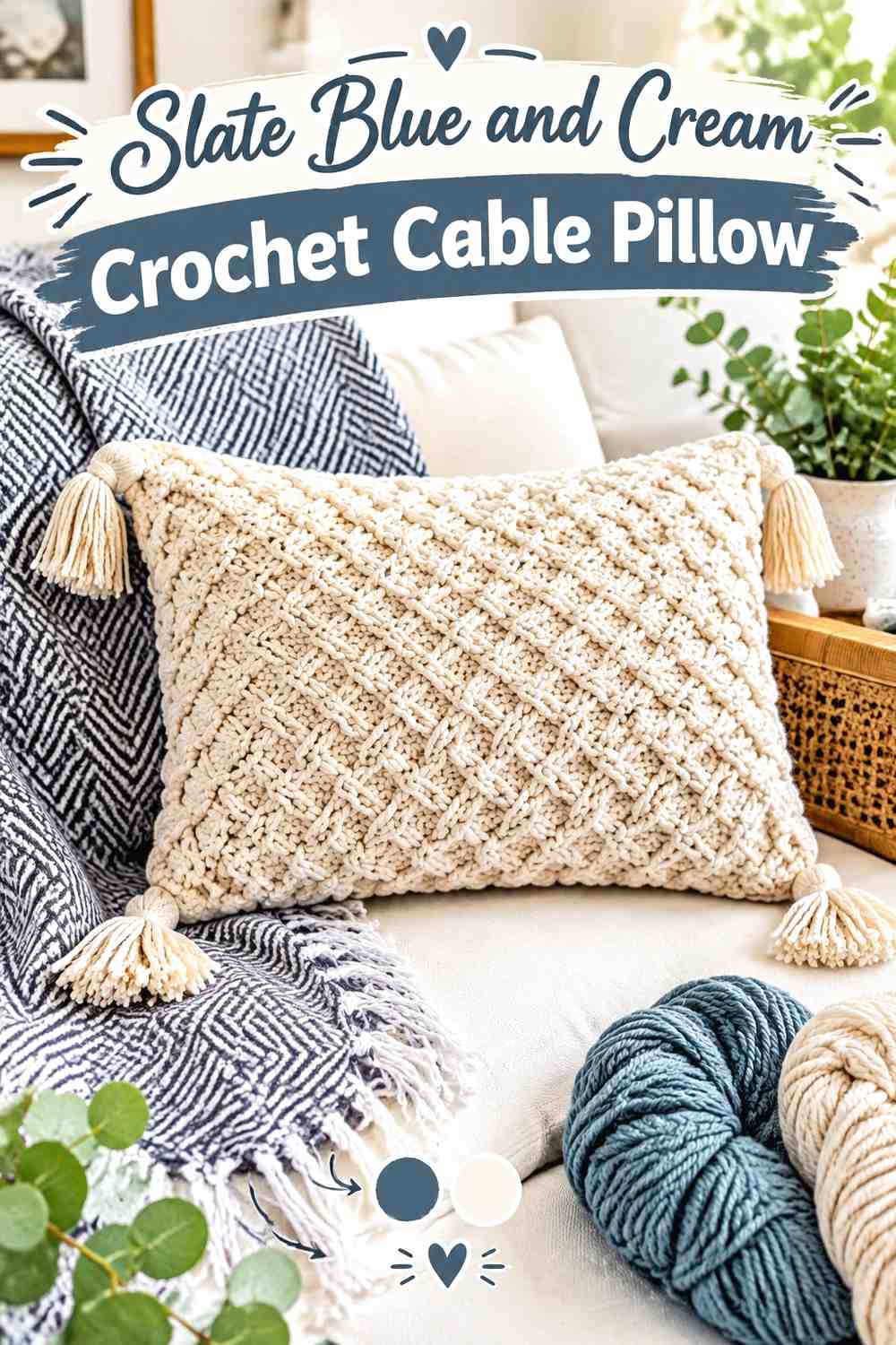 1. Slate Blue And Cream Crochet Cable Pillow