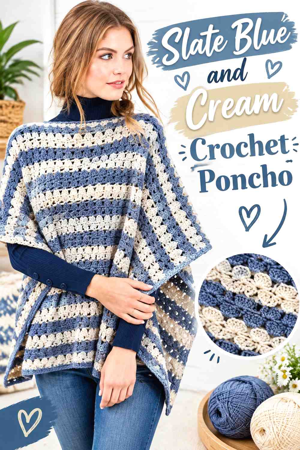 16. Slate Blue And Cream Crochet Poncho