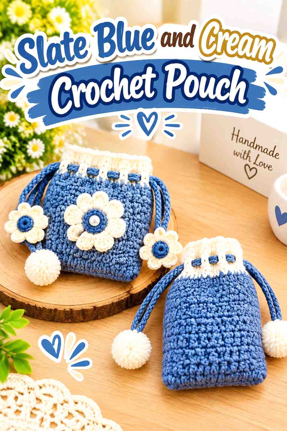 14. Slate Blue And Cream Crochet Pouch