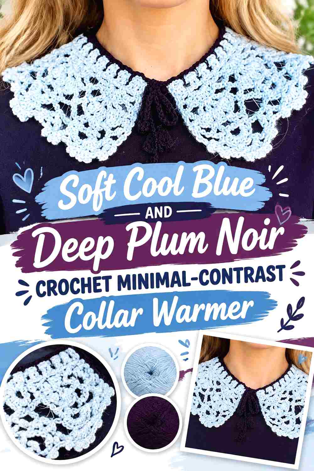 12. Soft Cool Blue And Deep Plum Noir Crochet Minimal Contrast Collar Warmer