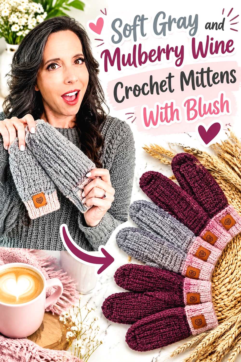 9. Soft Gray And Mulberry Wine Crochet Mittens With Blush