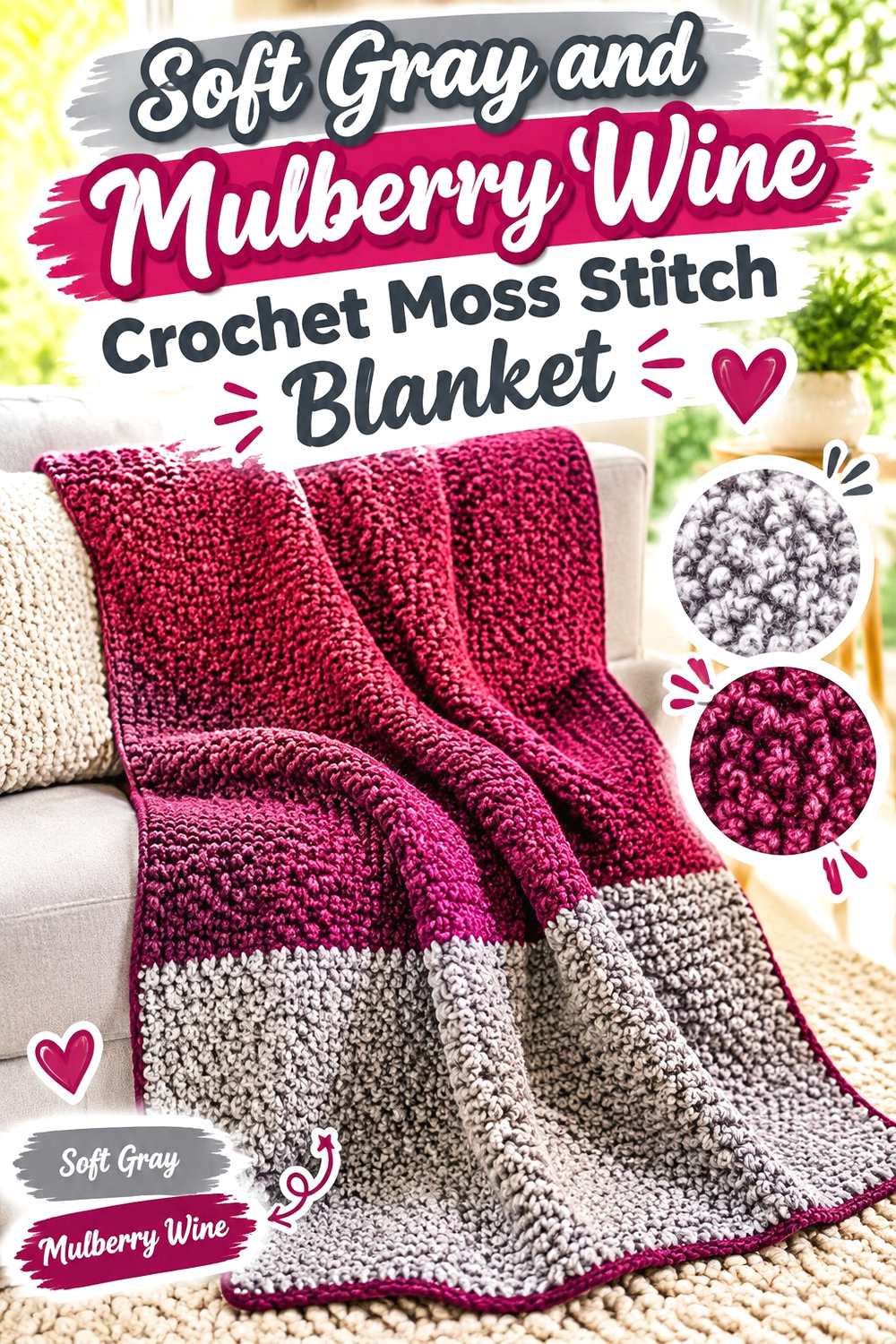 15. Soft Gray And Mulberry Wine Crochet Moss Stitch Blanket