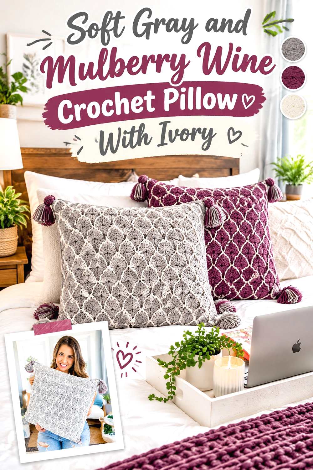 5. Soft Gray And Mulberry Wine Crochet Pillow With Ivory