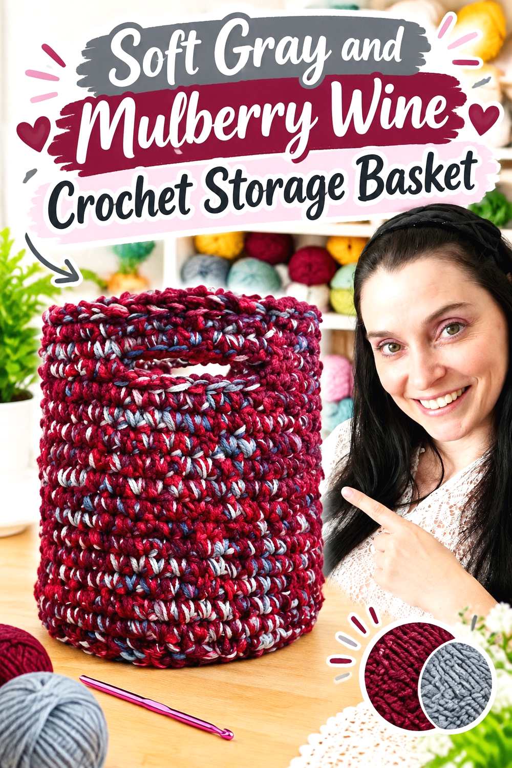 16. Soft Gray And Mulberry Wine Crochet Storage Basket