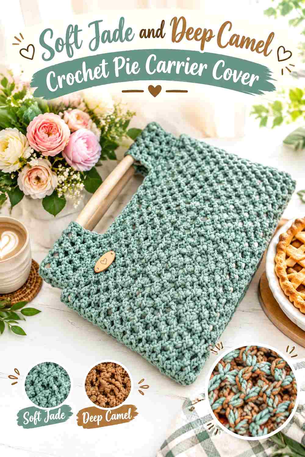 14. Soft Jade And Deep Camel Crochet Pie Carrier Cover