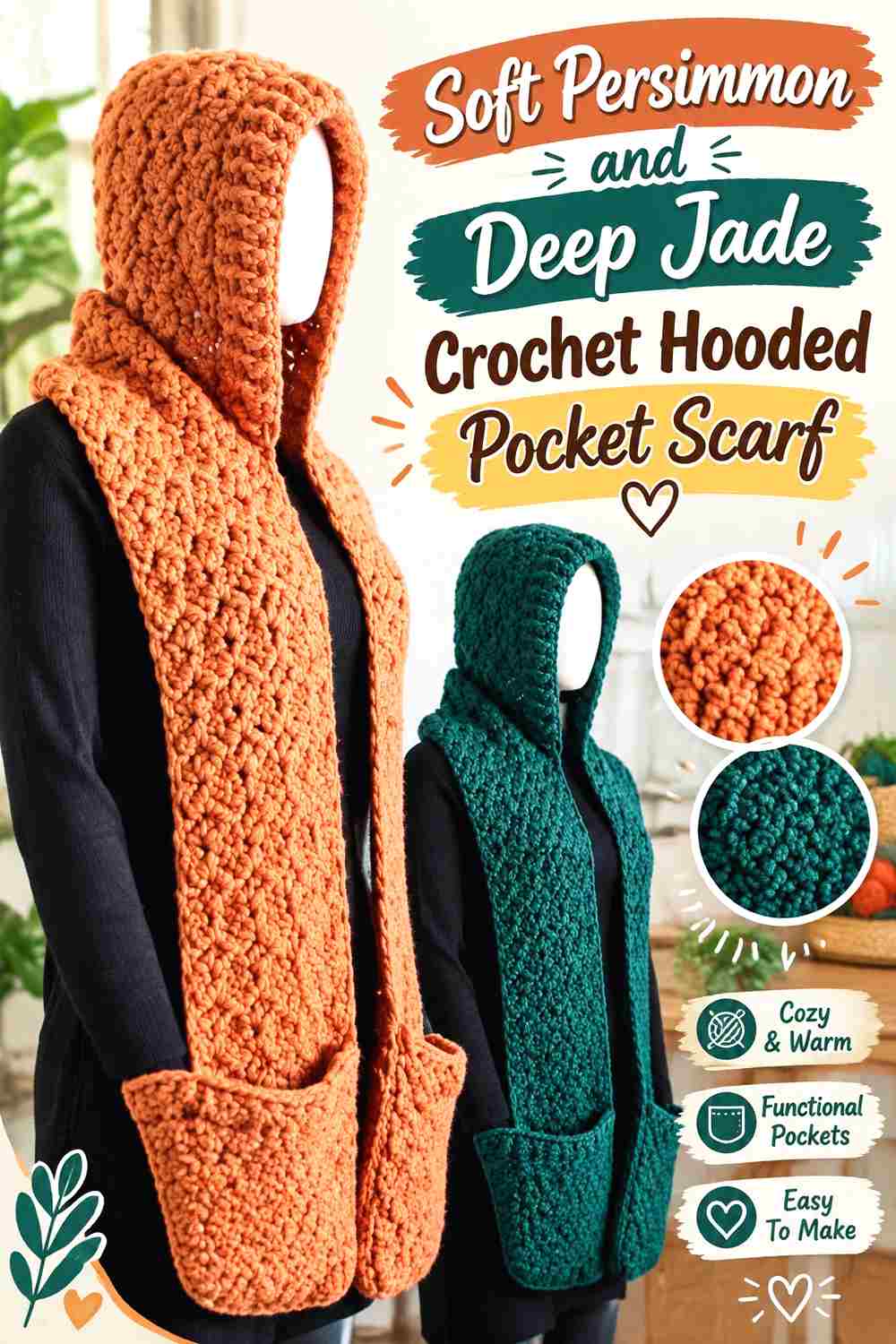 17. Soft Persimmon And Deep Jade Crochet Hooded Pocket Scarf