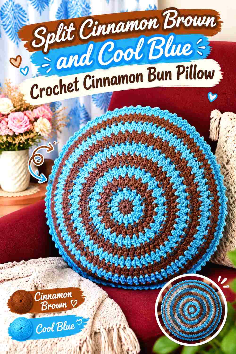 14. Split Cinnamon Brown And Cool Blue Crochet Cinnamon Bun Pillow
