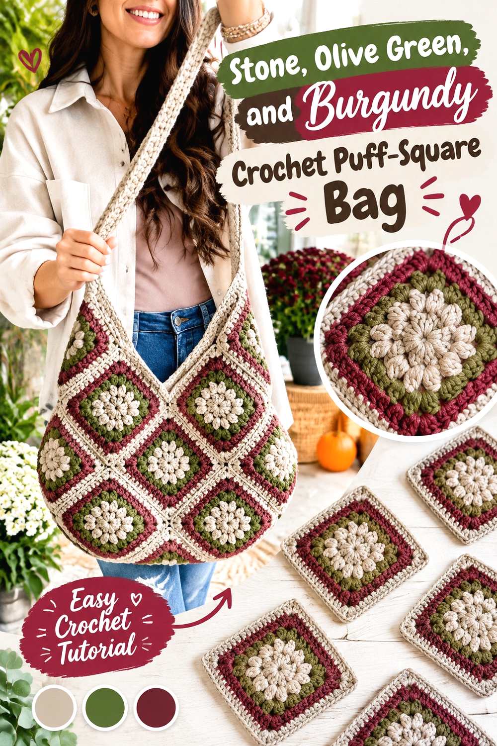 12. Stone Olive Green And Burgundy Crochet Puff Square Bag