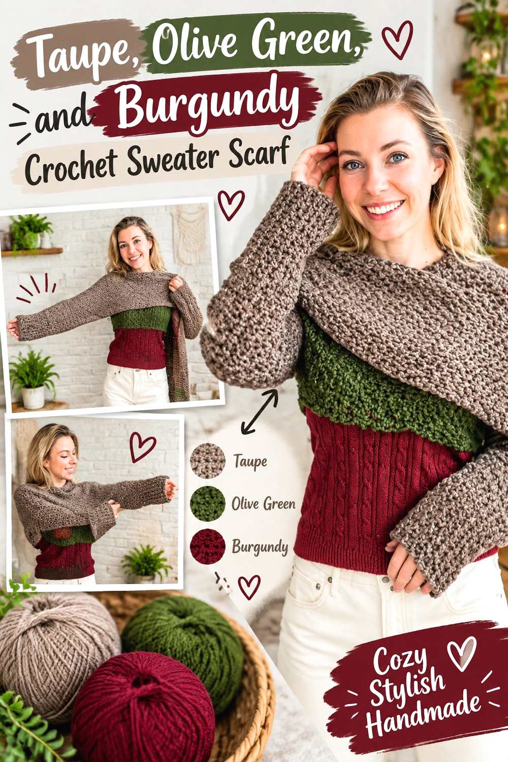 10. Taupe Olive Green And Burgundy Crochet Sweater Scarf