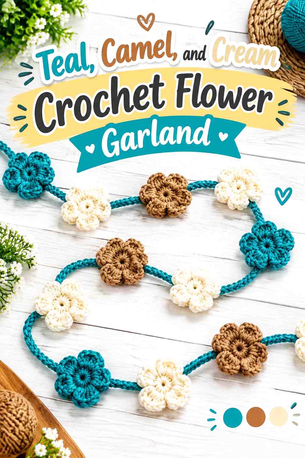 15. Teal Camel And Cream Crochet Flower Garland