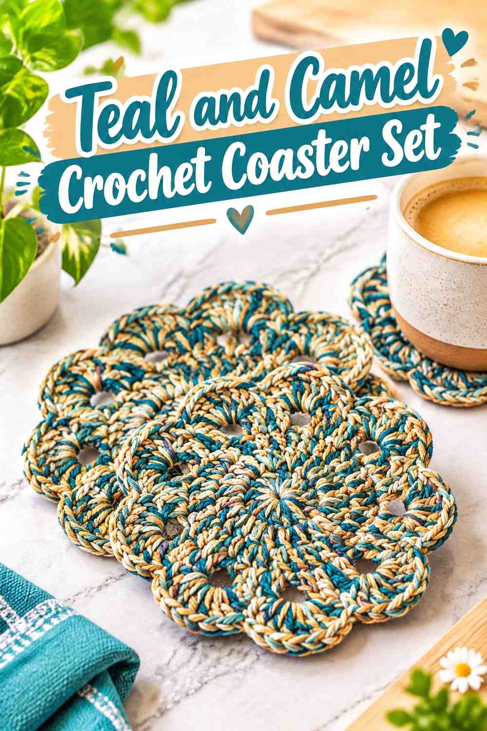 8. Teal And Camel Crochet Coaster Set