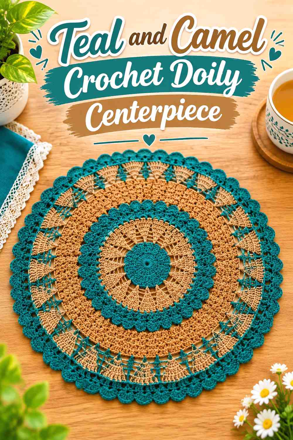 17. Teal And Camel Crochet Doily Centerpiece