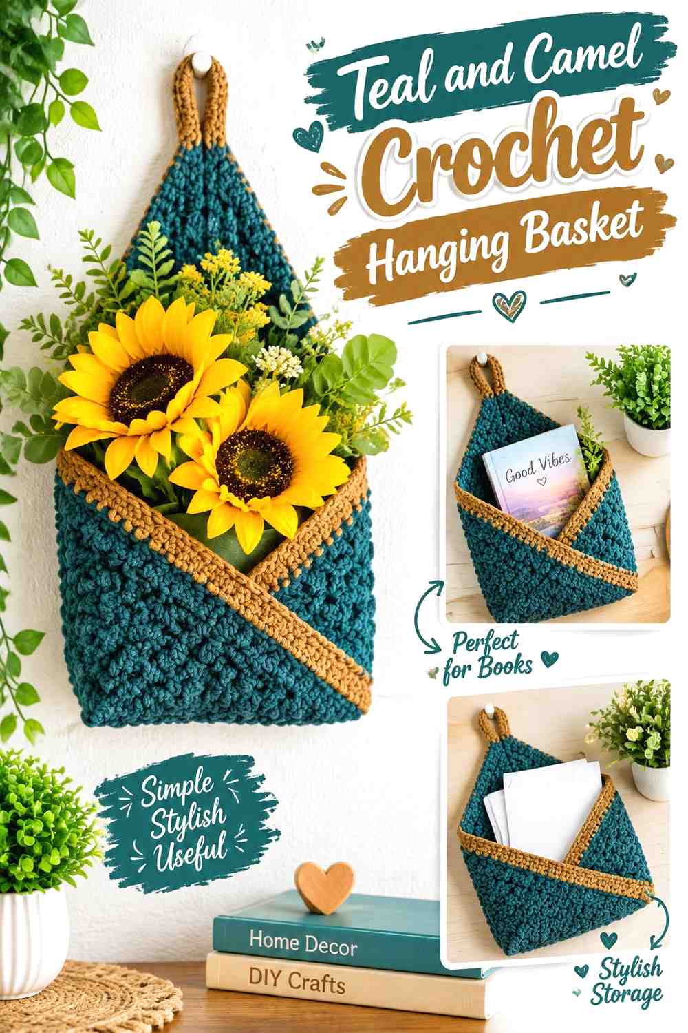 11. Teal And Camel Crochet Hanging Basket