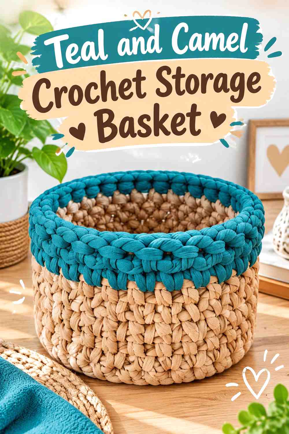 3. Teal And Camel Crochet Storage Basket