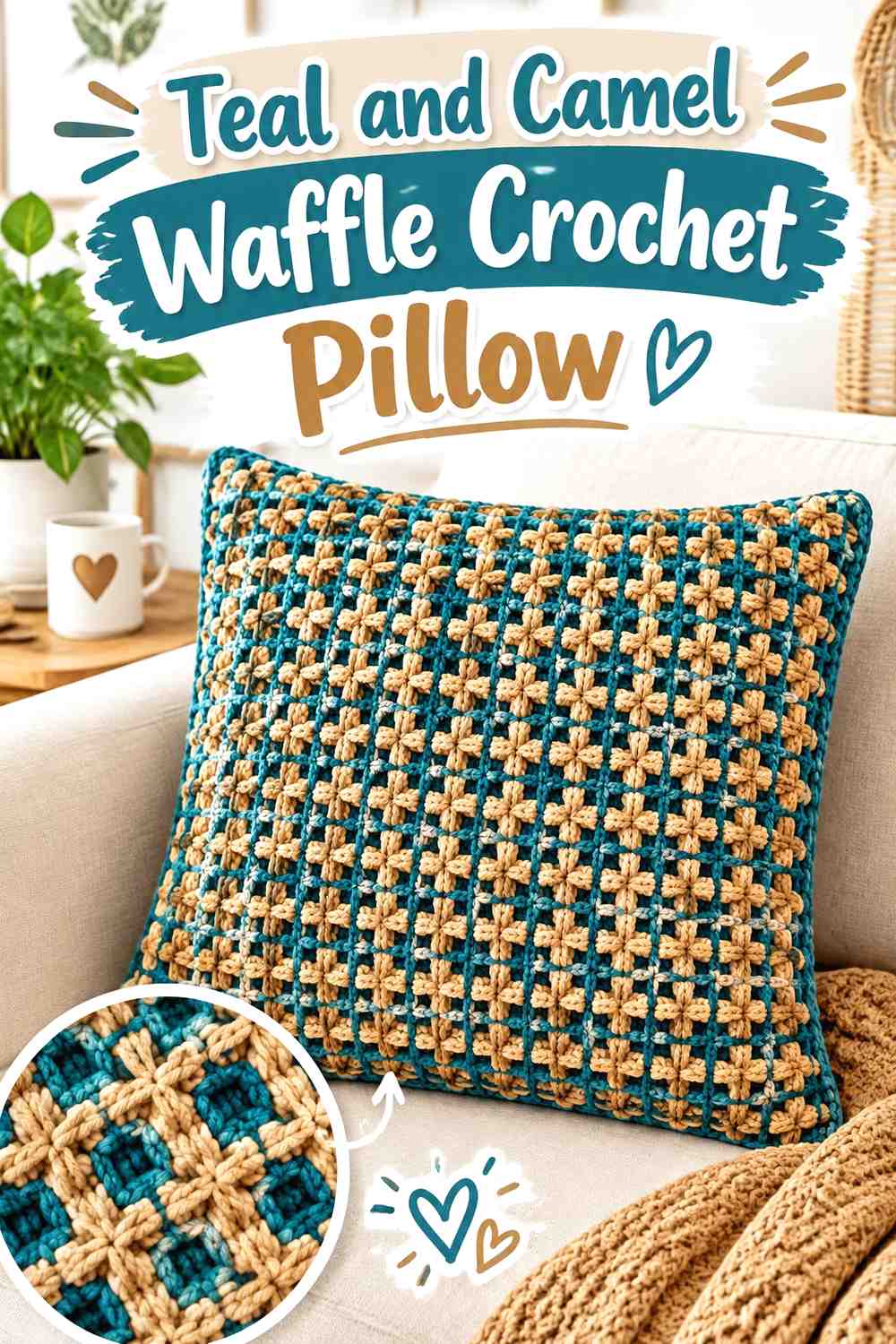 1. Teal And Camel Waffle Crochet Pillow