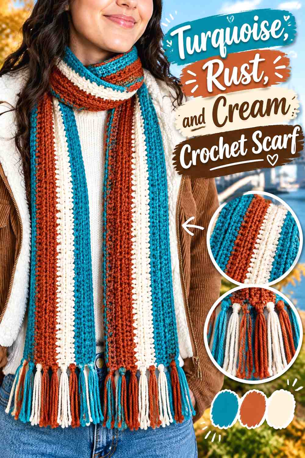 1. Turquoise Rust And Cream Crochet Scarf