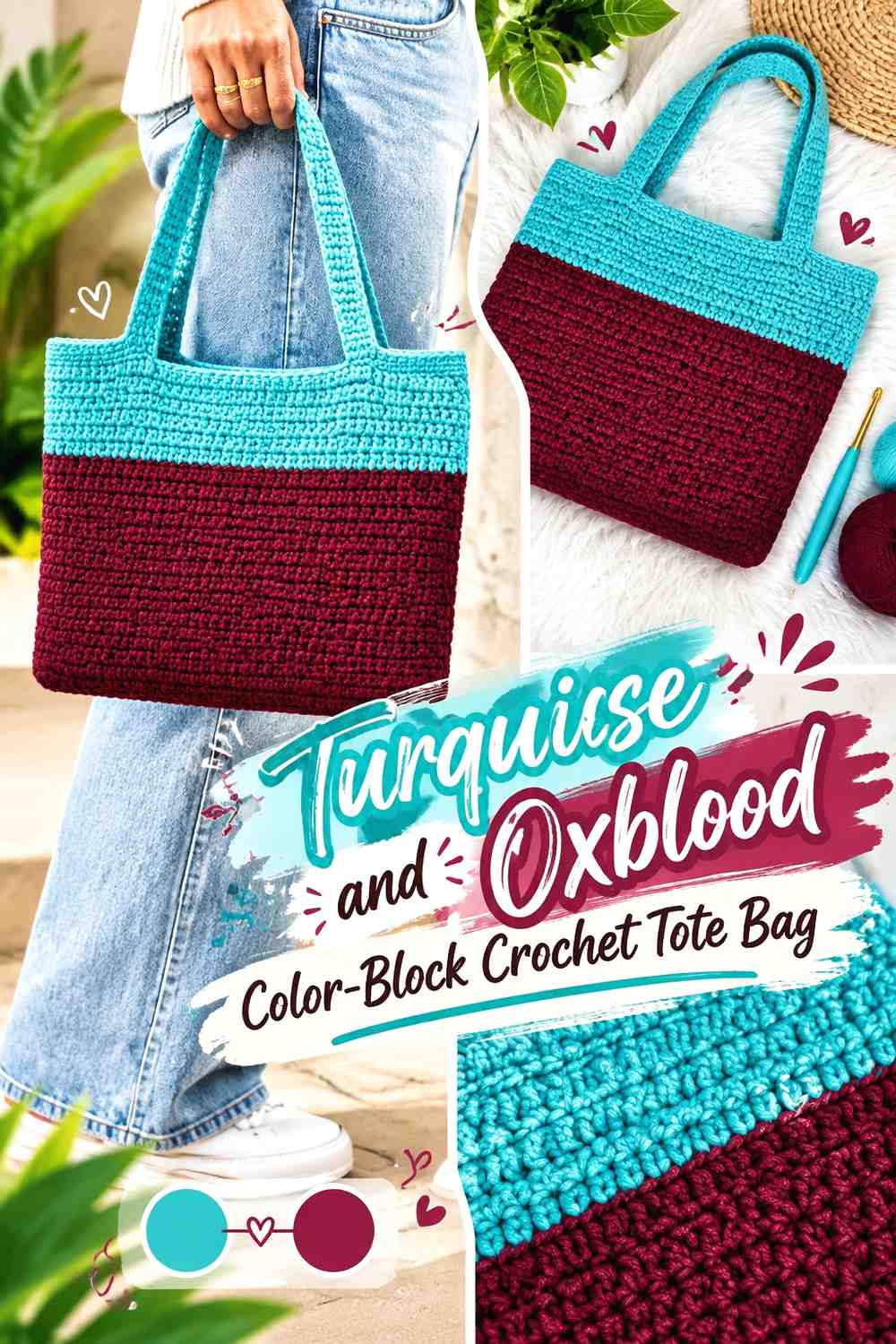 1. Turquoise And Oxblood Color Block Crochet Tote Bag