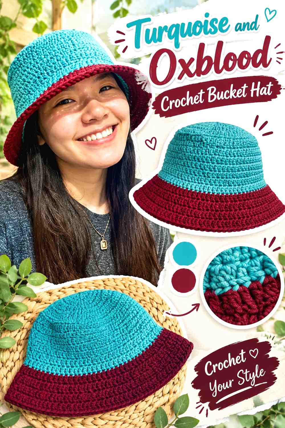 13. Turquoise And Oxblood Crochet Bucket Hat