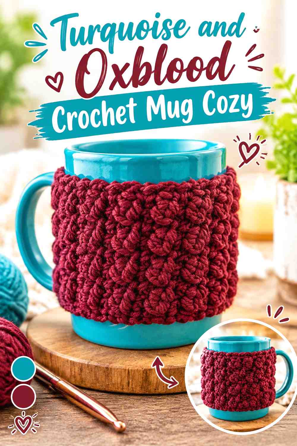 14. Turquoise And Oxblood Crochet Mug Cozy