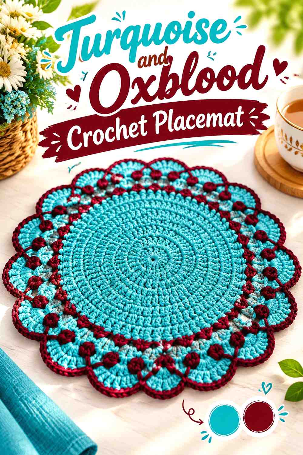 15. Turquoise And Oxblood Crochet Placemat