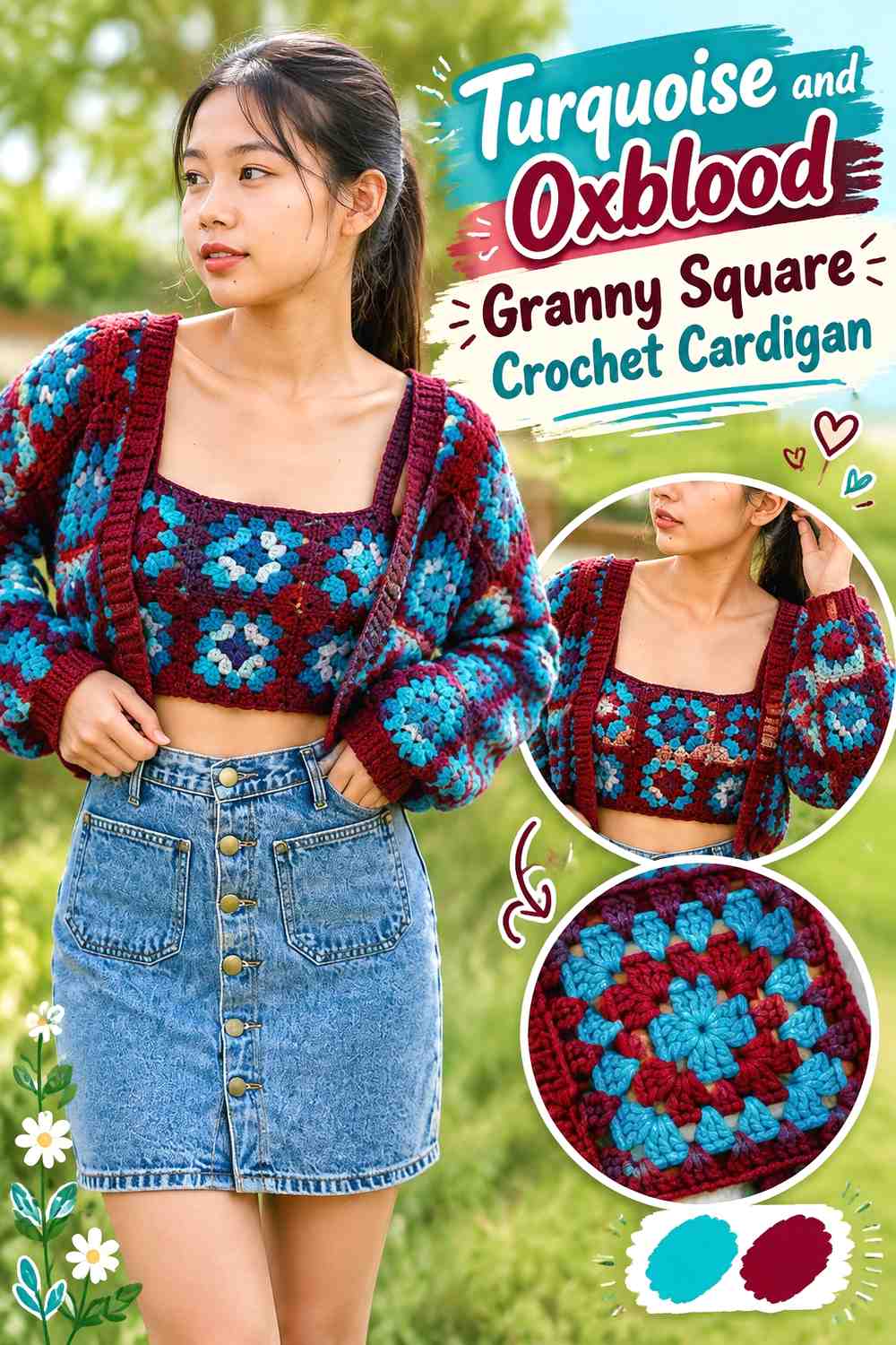 2. Turquoise And Oxblood Granny Square Crochet Cardigan