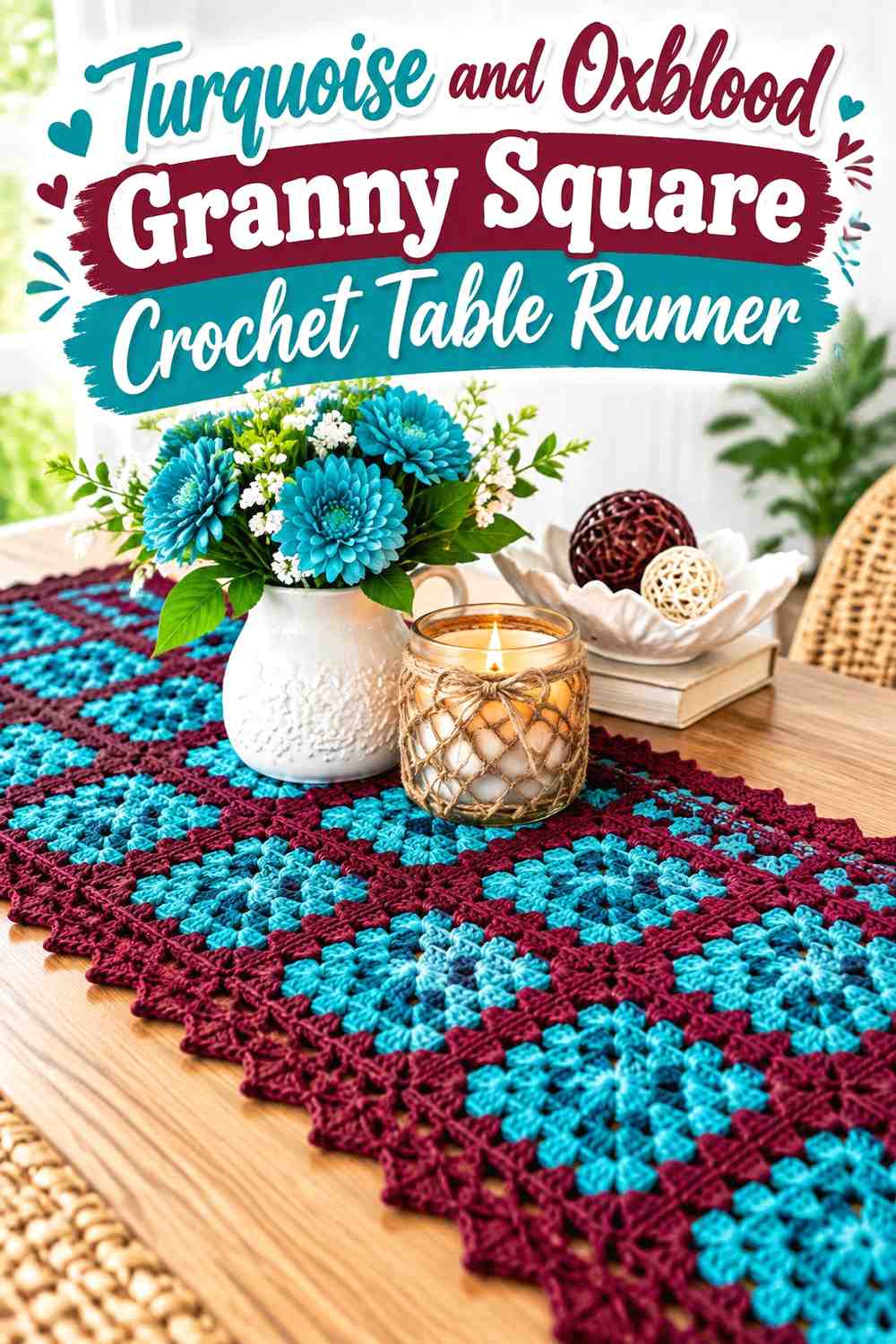 10. Turquoise And Oxblood Granny Square Crochet Table Runner