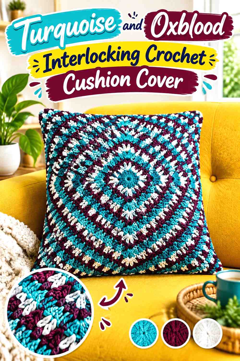 3. Turquoise And Oxblood Interlocking Crochet Cushion Cover