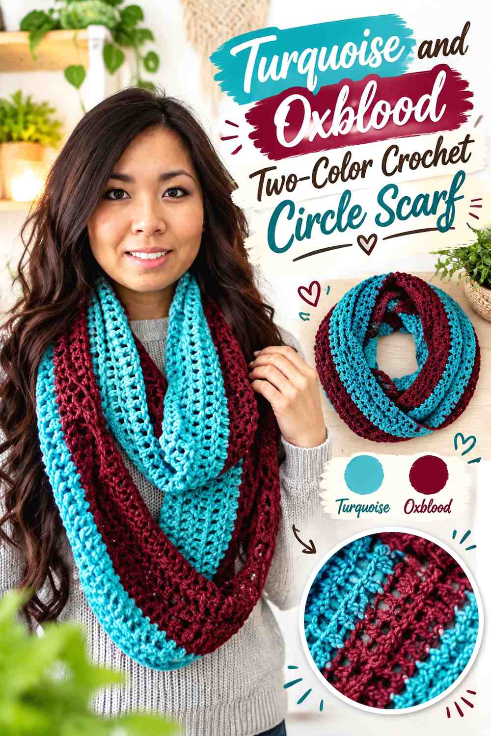 4. Turquoise And Oxblood Two Color Crochet Circle Scarf