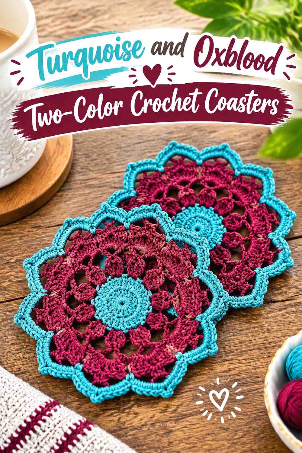 9. Turquoise And Oxblood Two Color Crochet Coasters