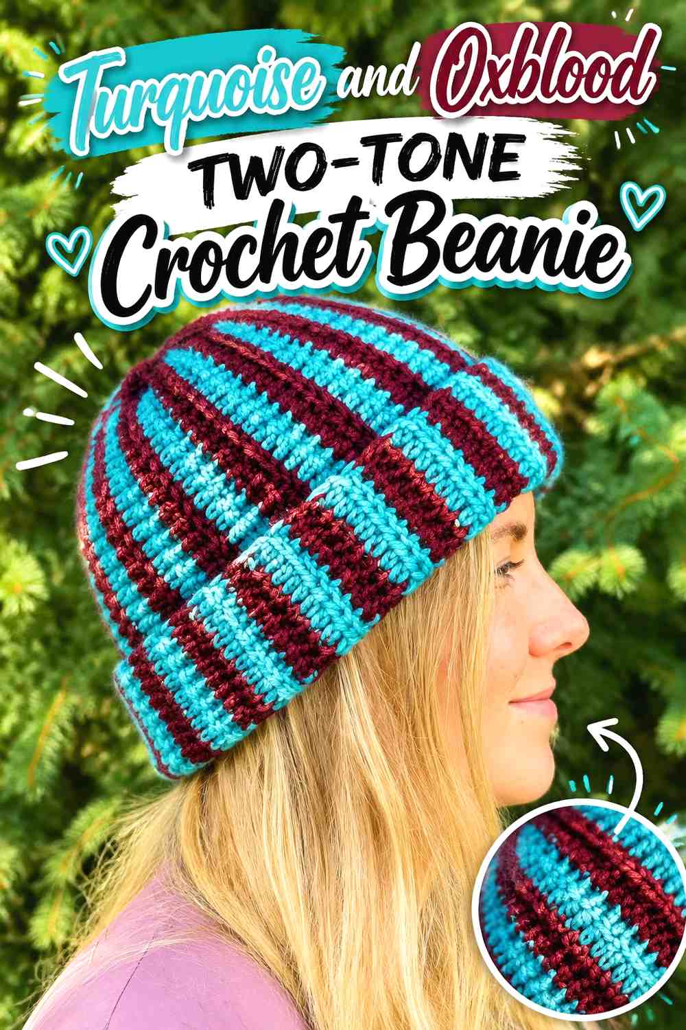 5. Turquoise And Oxblood Two Tone Crochet Beanie