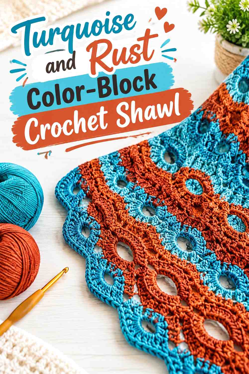 8. Turquoise And Rust Color Block Crochet Shawl