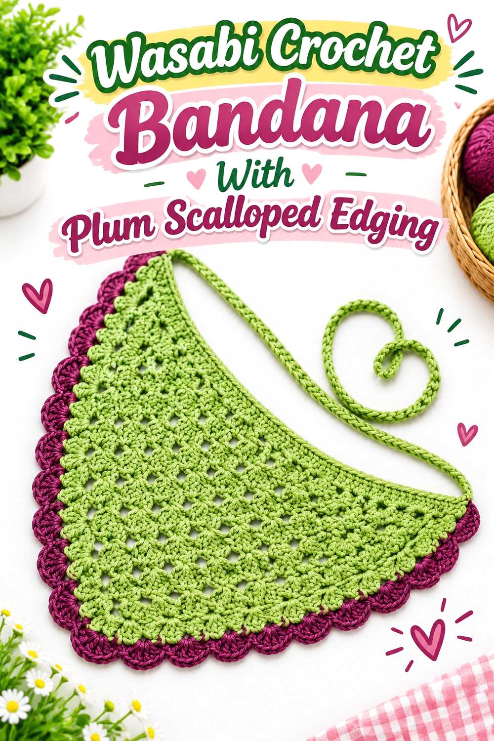 17. Wasabi Crochet Bandana With Plum Scalloped Edging