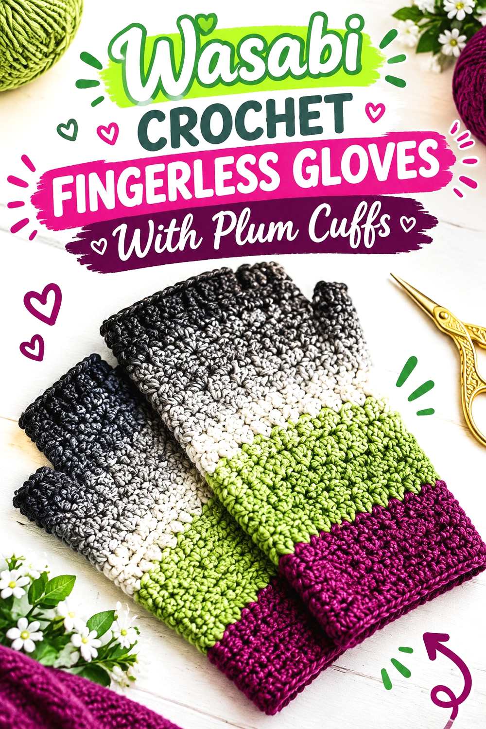 8. Wasabi Crochet Fingerless Gloves With Plum Cuffs