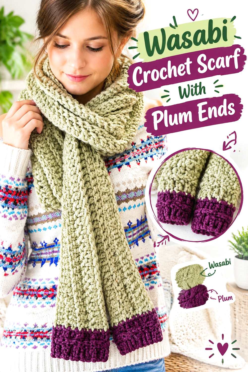 5. Wasabi Crochet Scarf With Plum Ends