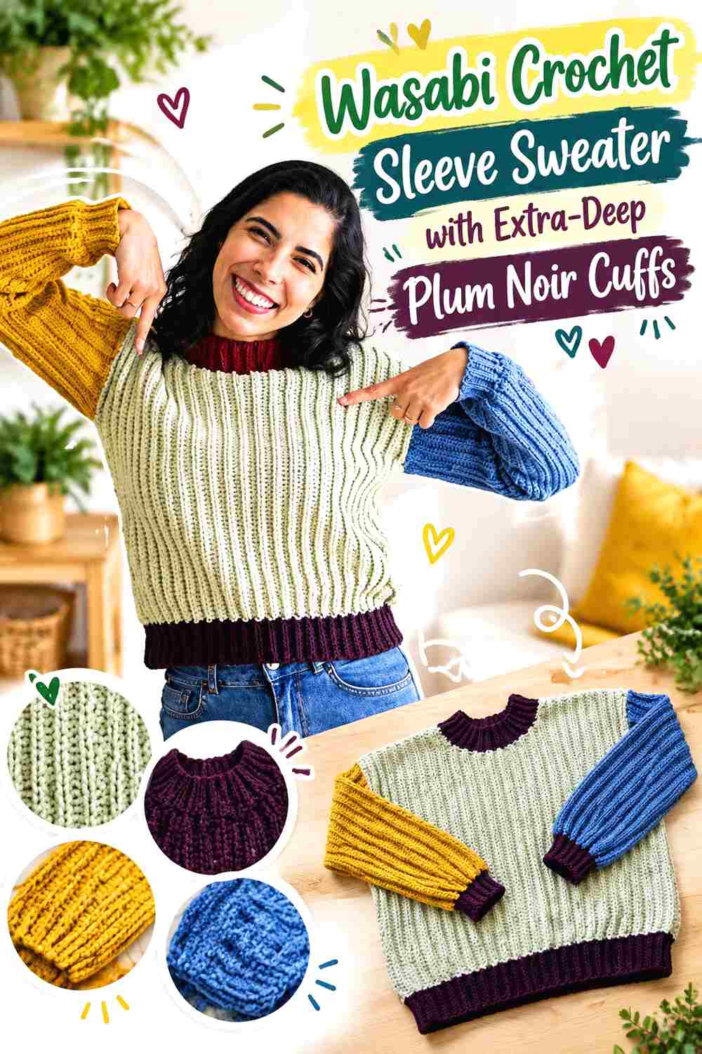5. Wasabi Crochet Sleeve Sweater With Extra Deep Plum Noir Cuffs
