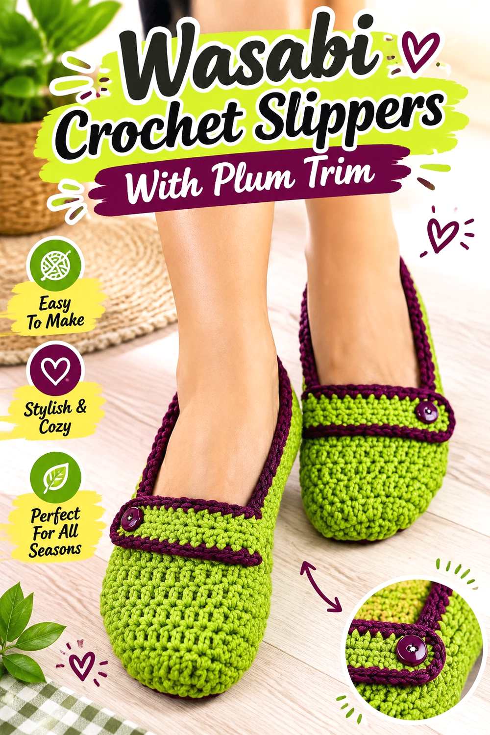 15. Wasabi Crochet Slippers With Plum Trim