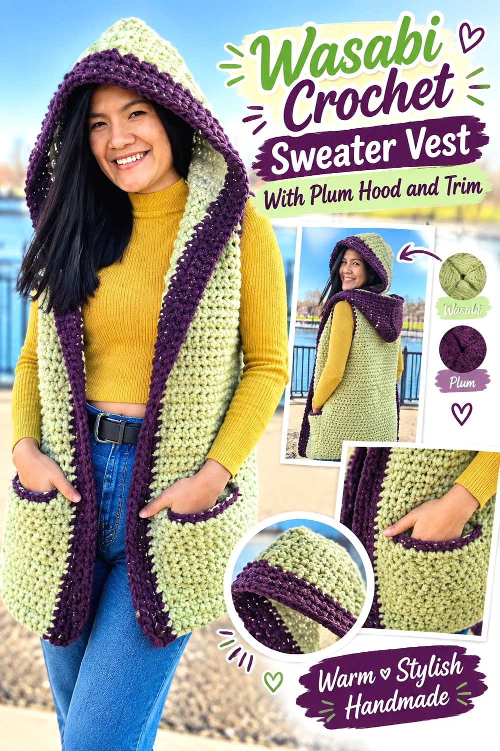 2. Wasabi Crochet Sweater Vest With Plum Hood And Trim