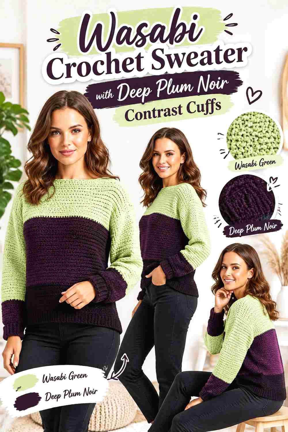 1. Wasabi Crochet Sweater With Deep Plum Noir Contrast Cuffs