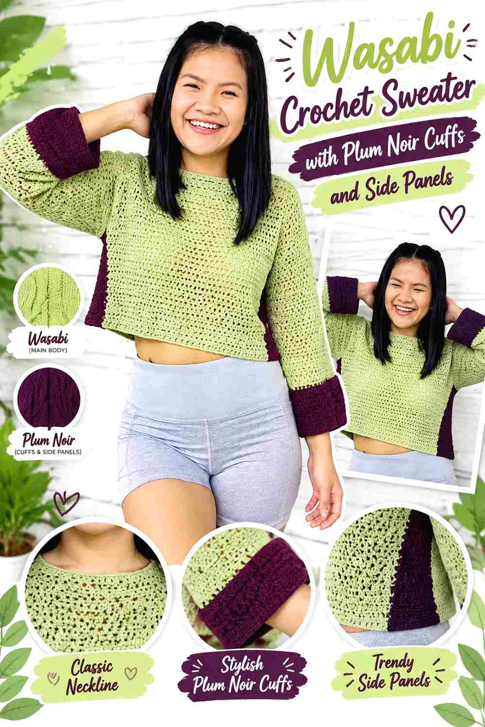 10. Wasabi Crochet Sweater With Plum Noir Cuffs And Side Panels