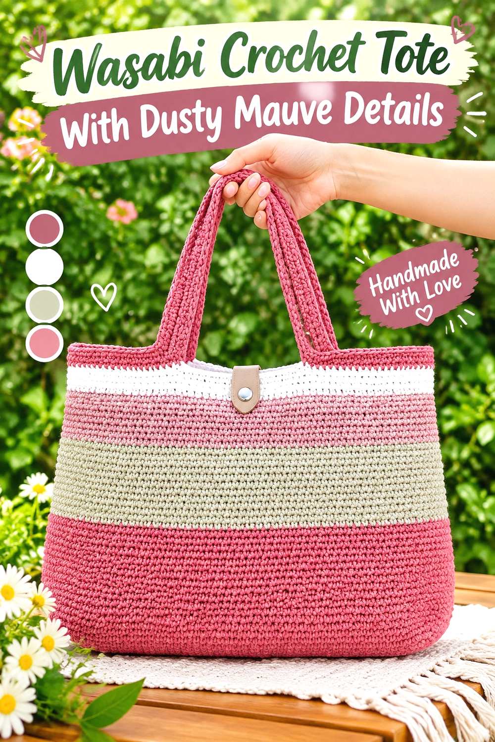 11. Wasabi Crochet Tote With Dusty Mauve Details