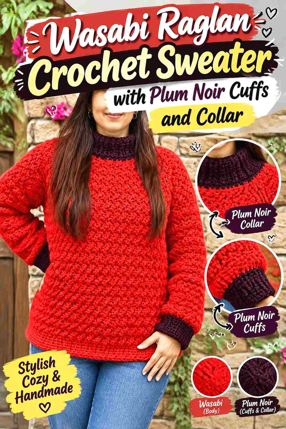 14. Wasabi Raglan Crochet Sweater With Plum Noir Cuffs And Collar