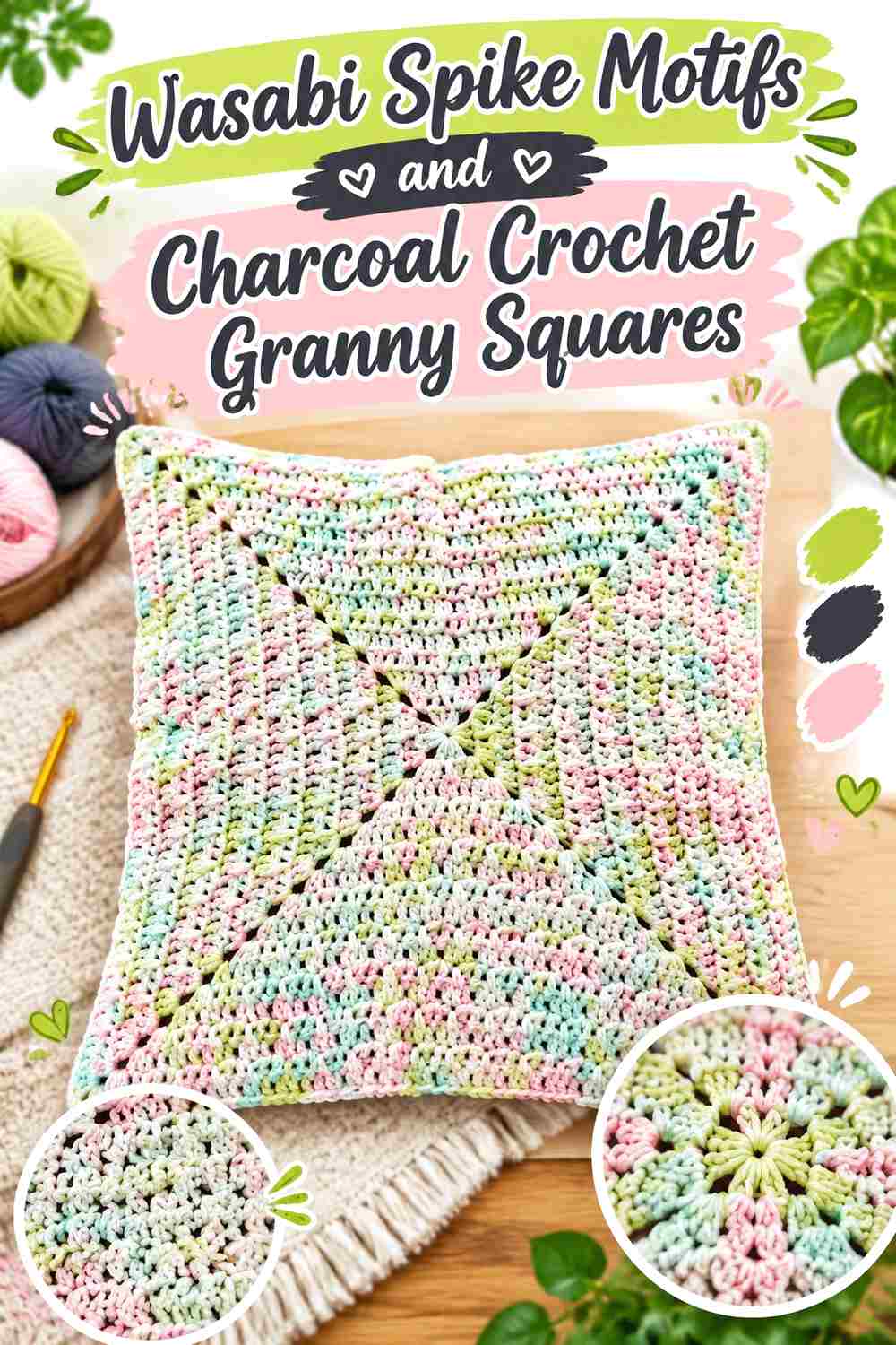 12. Wasabi Spike Motifs And Charcoal Crochet Granny Squares