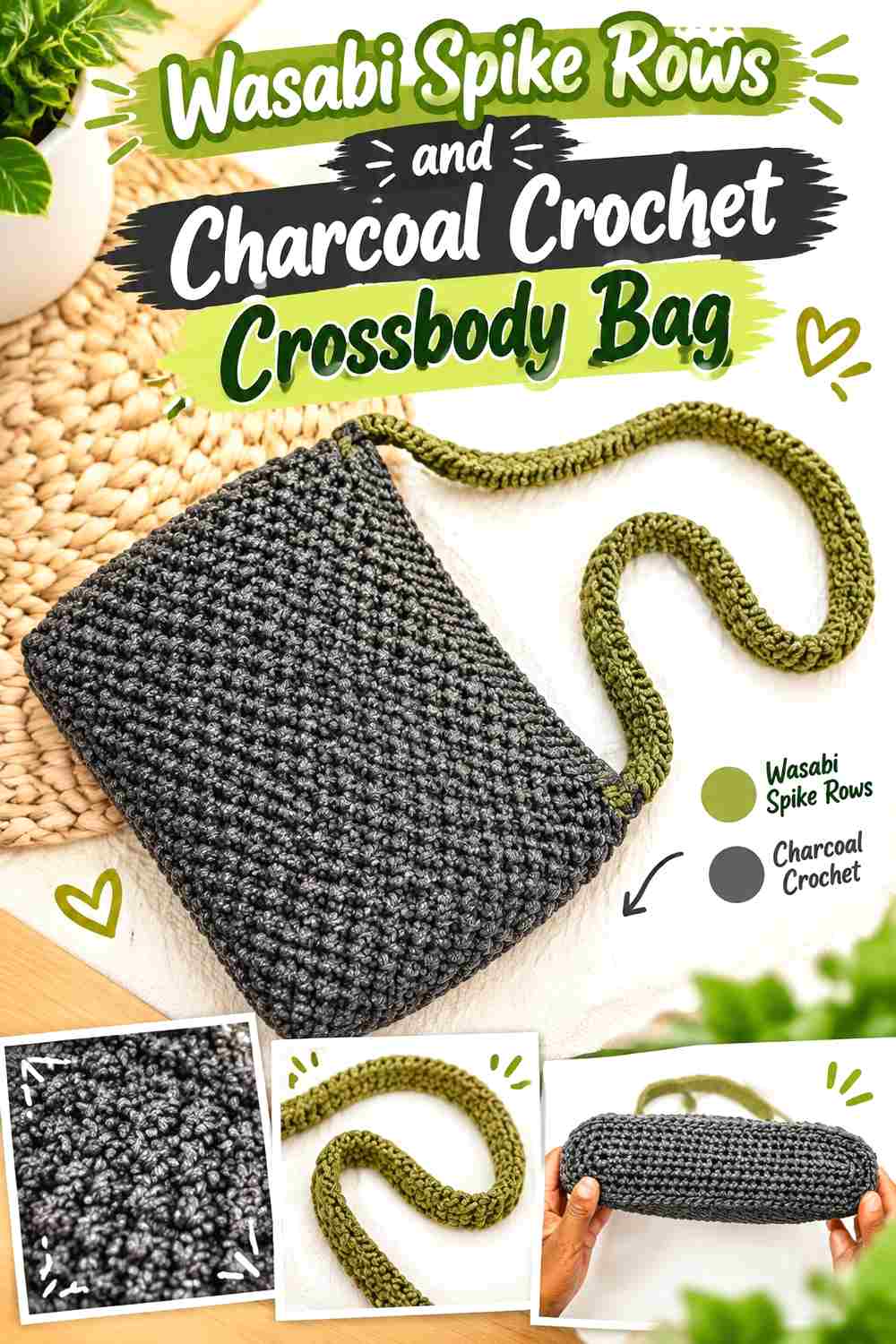2. Wasabi Spike Rows And Charcoal Crochet Crossbody Bag